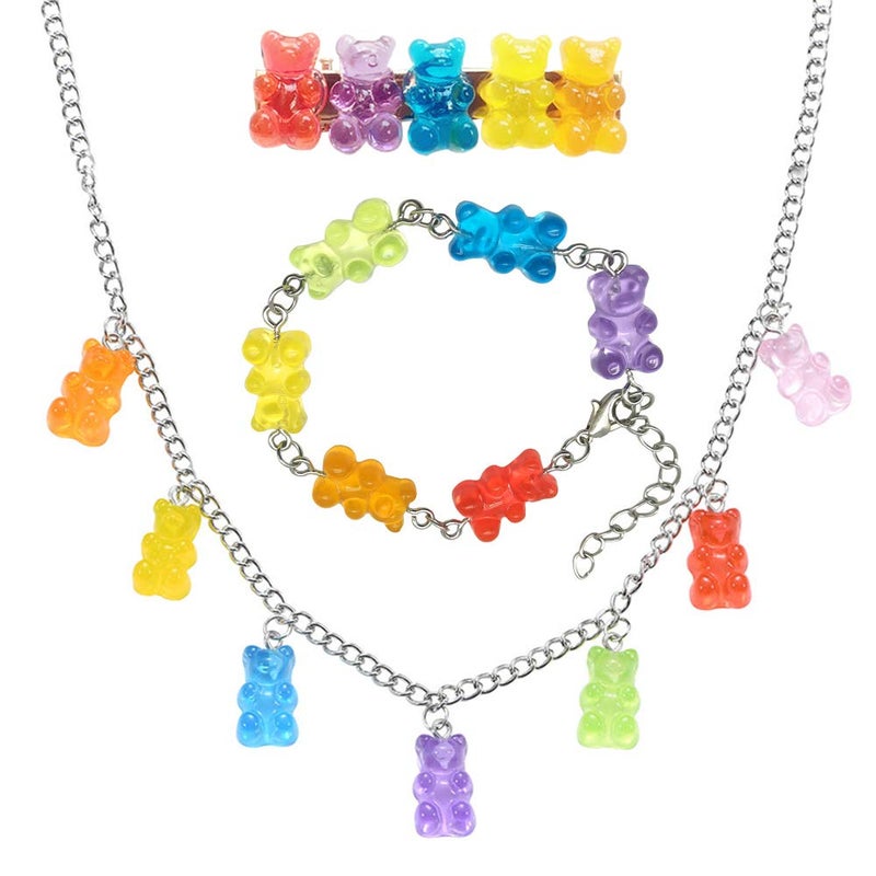 KURTCB Gummy Bear Necklace Colorful Resin Crazy Aesthetic Y2k Pendant Necklace for Women (Necklace Bracelet Hair Clip SET) - Image 1